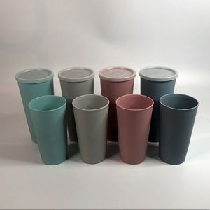 Vtg Tupperware Pastel Tumblers #107 Stackable - 4 Lg Cups w 4 Lids & 4 Sm Cups